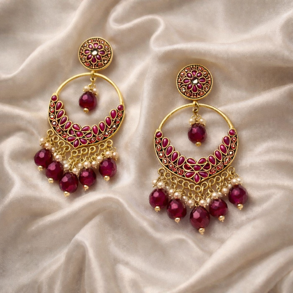 Royal Dark Pink Kundan Chandbali Earrings with Pearl Drops