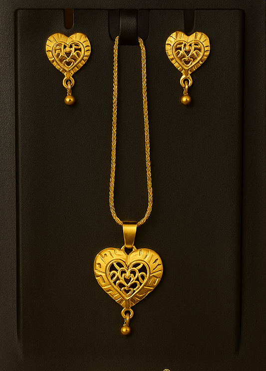 Gold-Plated Heart Pendant & Earrings Set – Elegant Daily Wear Jewellery for Women