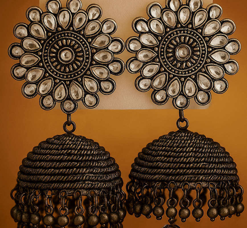 Oxidized Silver Jhumka Earrings with Mirror Work – Traditional Ethnic Dome Jhumkas for Women |PEARLOS|