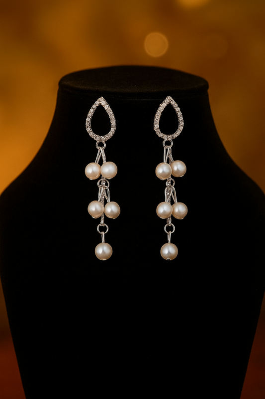 Elegant Silver Pearl Drop Earrings – Crystal Teardrop Design | Premium Artificial Jewellery by Pearlos