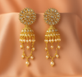 Gold-Plated Kundan Jhumka Earrings with Pearl Chains – Bridal & Ethnic Party Wear Jewelry|PEARLOS|