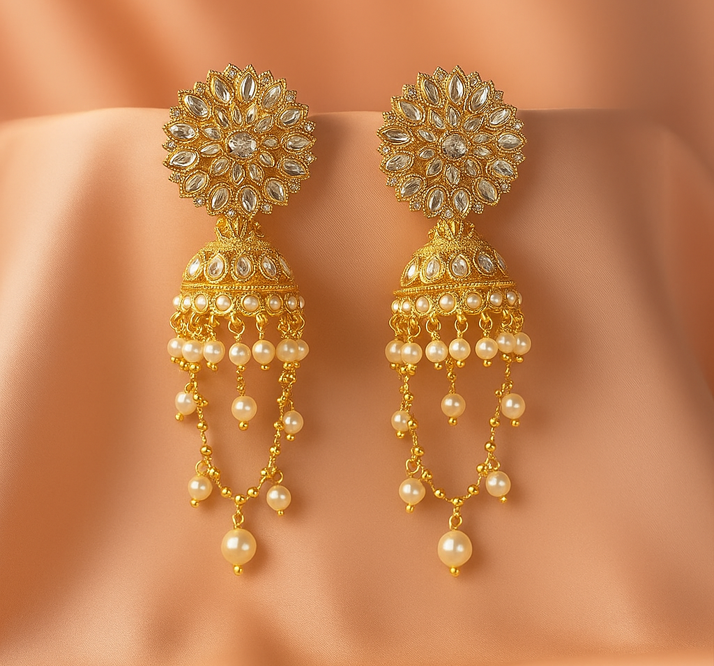 Gold-Plated Kundan Jhumka Earrings with Pearl Chains – Bridal & Ethnic Party Wear Jewelry