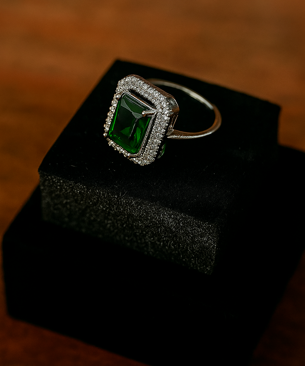 Elegant Silver Ring with Emerald-Cut Green Stone & CZ Halo | Premium Artificial Jewellery