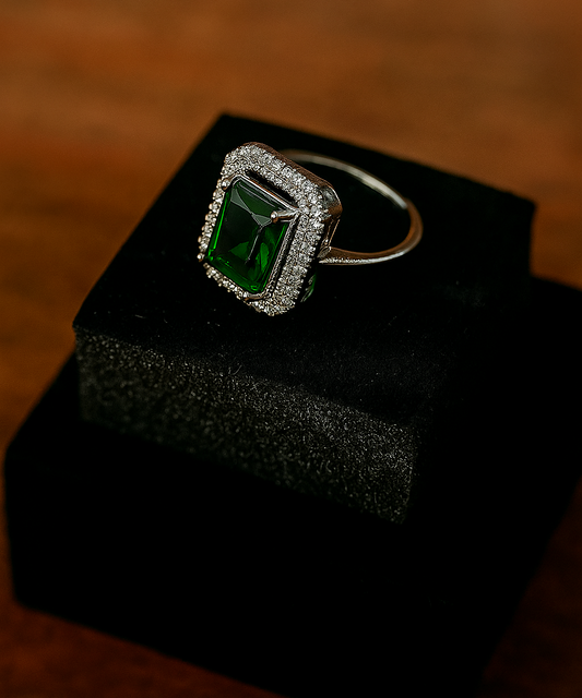 Elegant Silver Ring with Emerald-Cut Green Stone & CZ Halo | Premium Artificial Jewellery