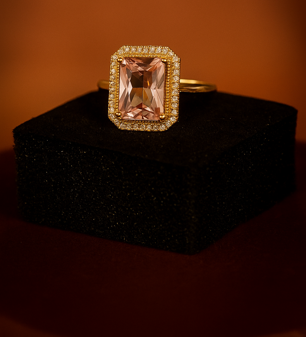 Elegant Gold-Plated Ring with Rectangular Pink Stone & Double Halo Design