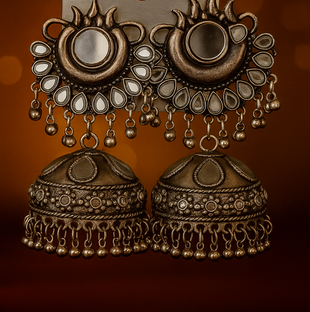 Antique Oxidized Silver Jhumka Earrings – Traditional Indian Ethnic Dome Design | PEARLOS|