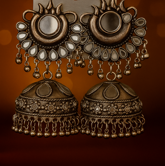 Antique Oxidized Silver Jhumka Earrings – Traditional Indian Ethnic Dome Design