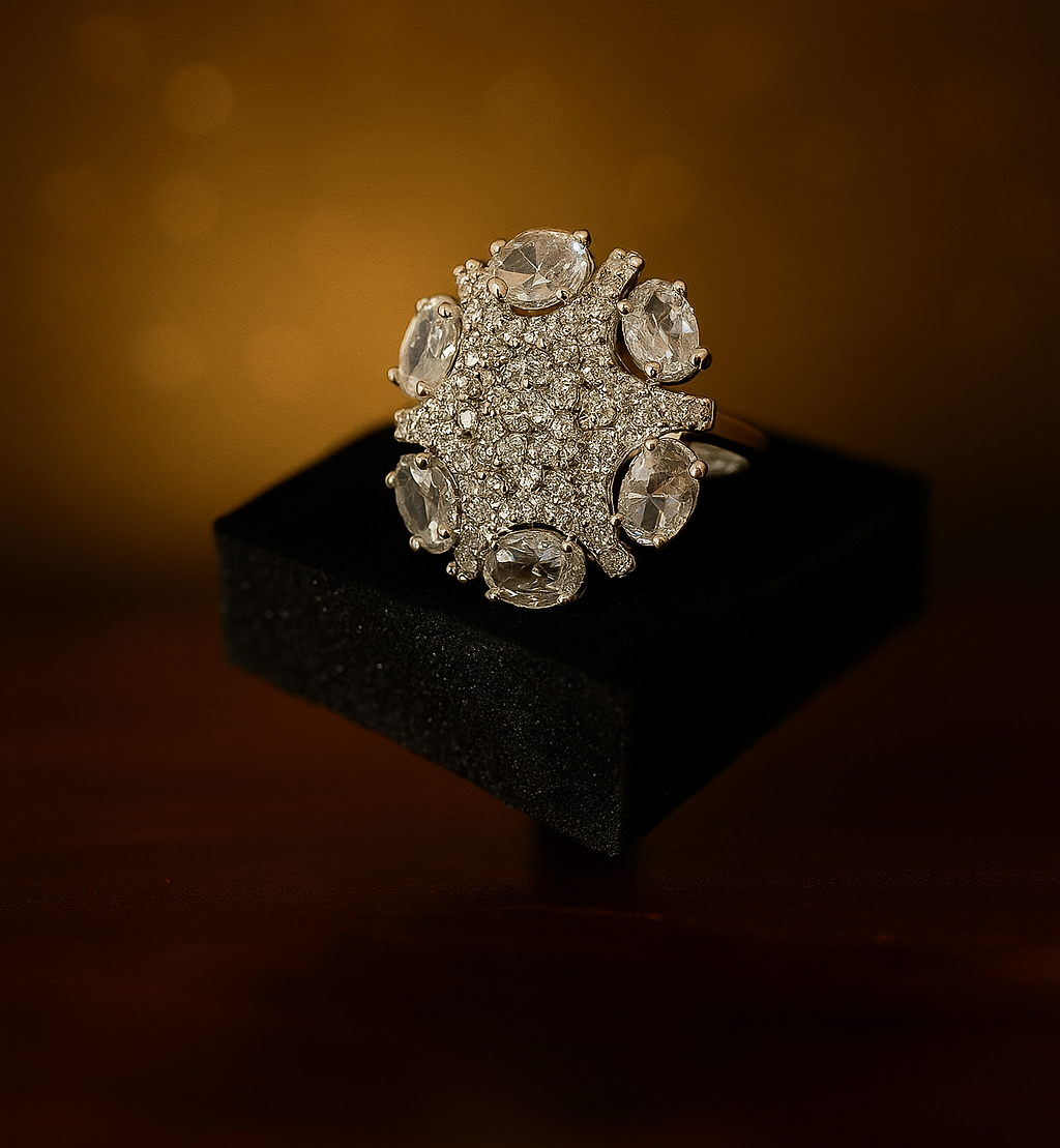 Elegant Crystal Cluster Cocktail Ring – Premium Sparkling Stone Party Wear Ring for Women