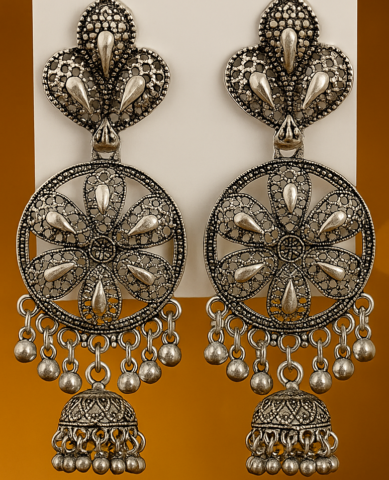 Antique Oxidised Silver Floral Dangling Earrings | Traditional Partywear Jhumka Style Earrings for Women