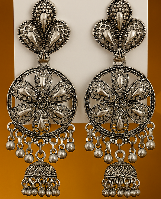 Antique Oxidised Silver Floral Dangling Earrings | Traditional Partywear Jhumka Style Earrings for Women
