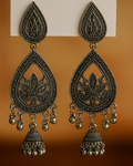 Antique Silver Peacock Teardrop Jhumka Earrings – Traditional Oxidised Long Dangler Earrings for Women |PEARLOS|