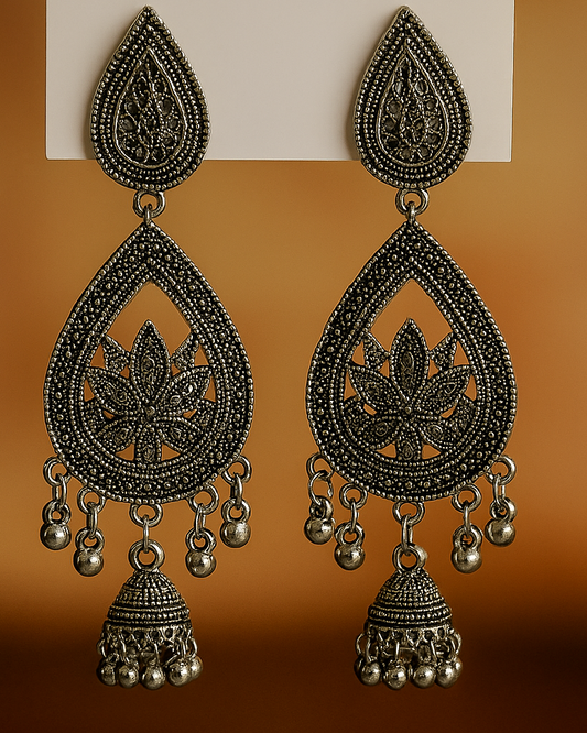 Antique Silver Peacock Teardrop Jhumka Earrings – Traditional Oxidised Long Dangler Earrings for Women