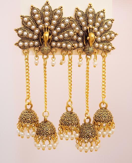 Royal Peacock Pearl Long Jhumka Earrings for Women | Traditional Gold Plated Ethnic Earrings