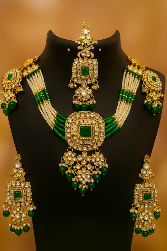 Royal Green & Pearl Kundan Bridal Jewellery Set | Exclusive Wedding Choker Set by PEARLO’S