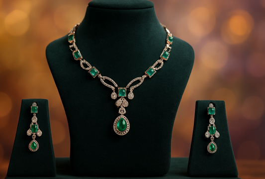 Elegant Emerald Stone Necklace Set with Earrings | Premium Bridal & Party Wear Jewellery – Pearlos
