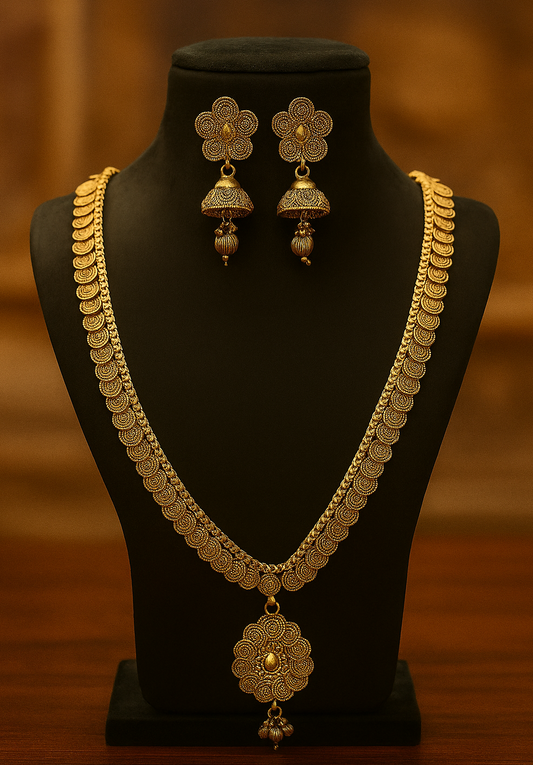 Traditional Antique Gold Plated Necklace Set with Jhumka Earrings | Pearlos Jewellery