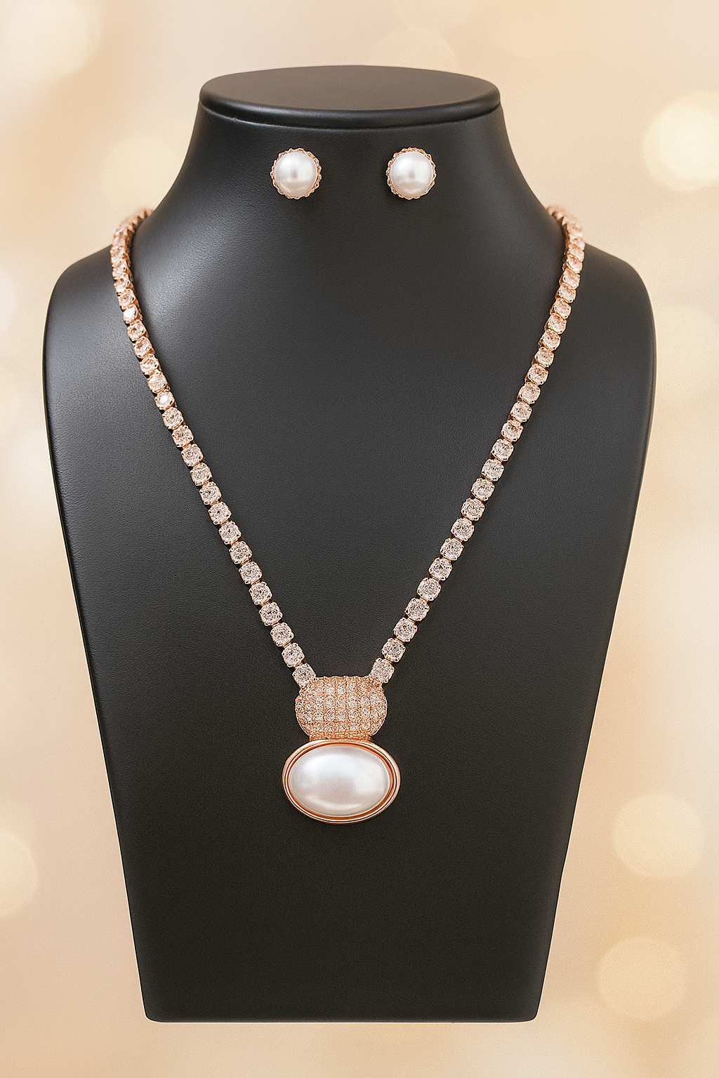 Elegant Pearl & Crystal Rose Gold Necklace Set | Premium Bridal & Party Jewelry – PEARLO’S