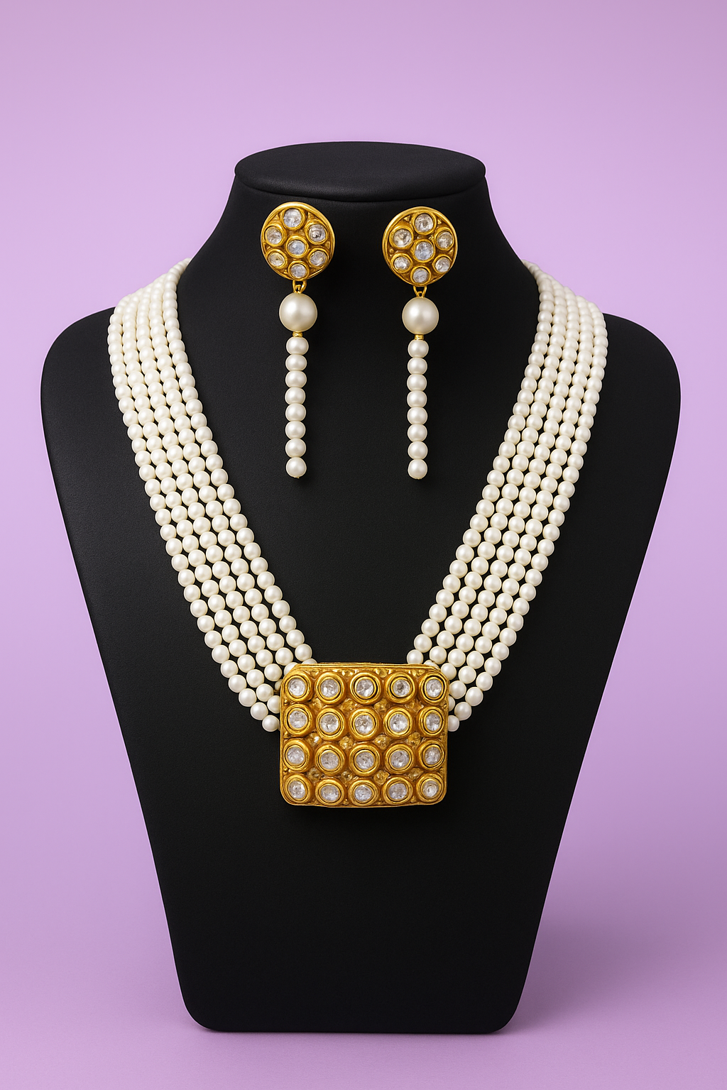 Royal Multi-Layer Pearl Necklace Set with Gold Kundan Pendant & Earrings | Premium Bridal Jewellery by PearlOS