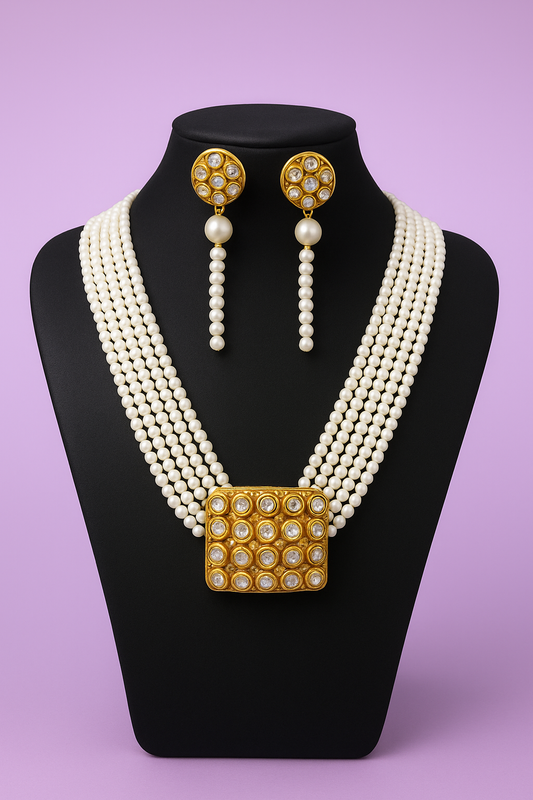 Royal Multi-Layer Pearl Necklace Set with Gold Kundan Pendant & Earrings | Premium Bridal Jewellery by PearlOS