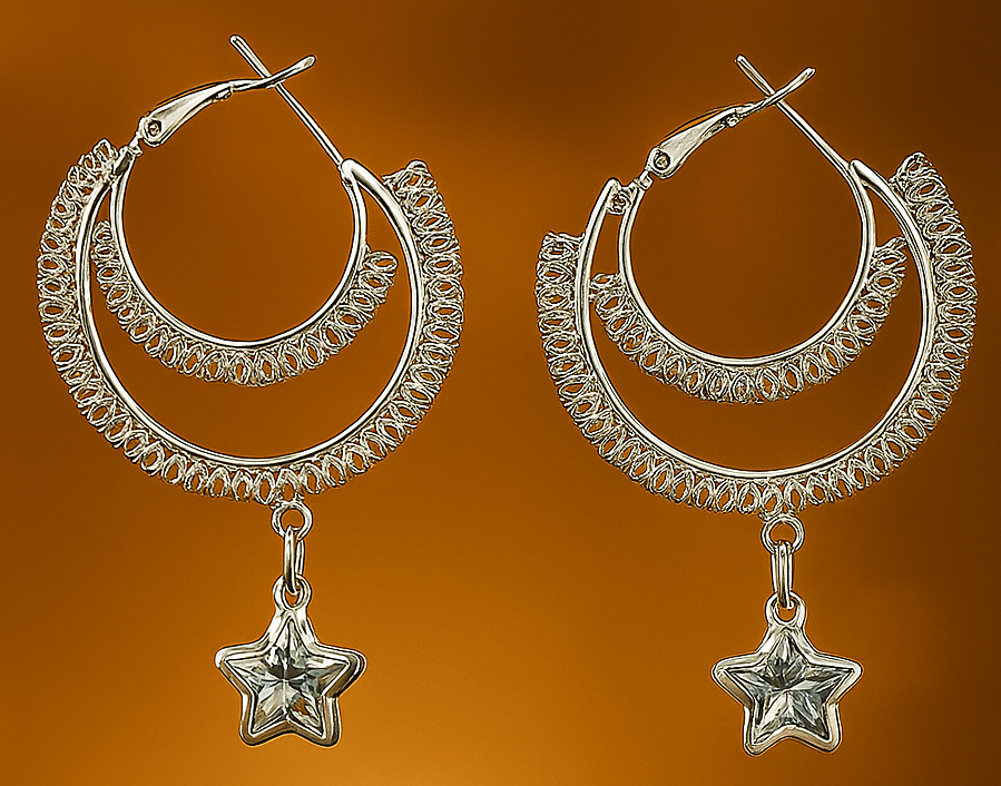 Silver Double-Hoop Star Dangle Earrings | Trendy Party & Casual Wear Jewelry for Women| |PEARLOS|