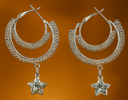 Silver Double-Hoop Star Dangle Earrings | Trendy Party & Casual Wear Jewelry for Women