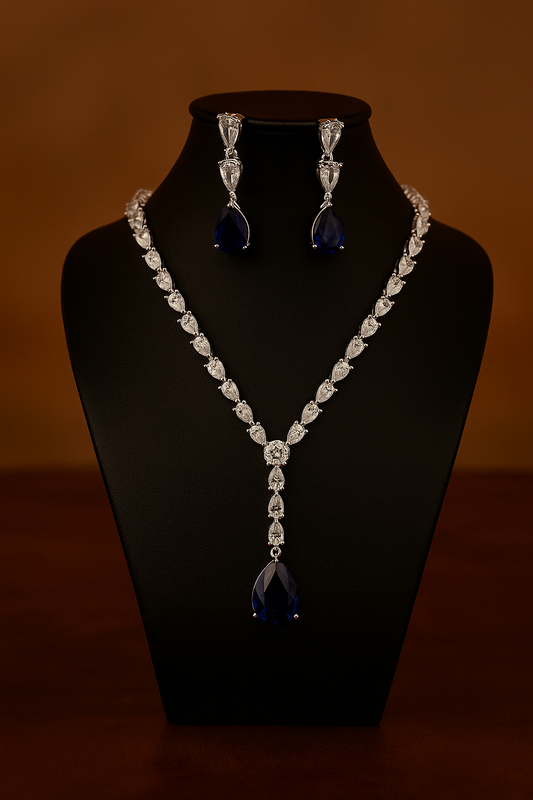 Royal Blue Teardrop Diamond-Cut Necklace & Earring Set | Premium Party & Bridal Jewellery
