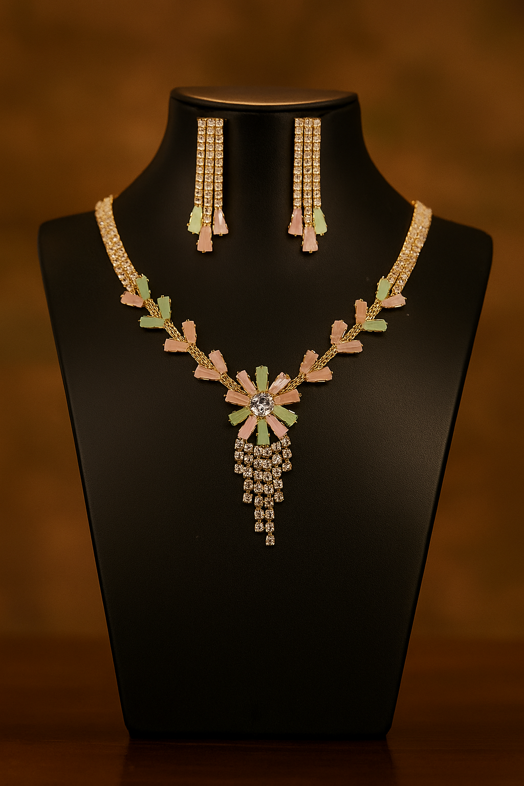 Pastel Pink & Mint Crystal Necklace Set for Women | Elegant Party & Bridal Artificial Jewellery