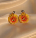 Elegant Yellow & Orange Floral Drop Earrings with Crystal Stud | Lightweight Enamel Flower Statement Earrings by |PEARLO’S|
