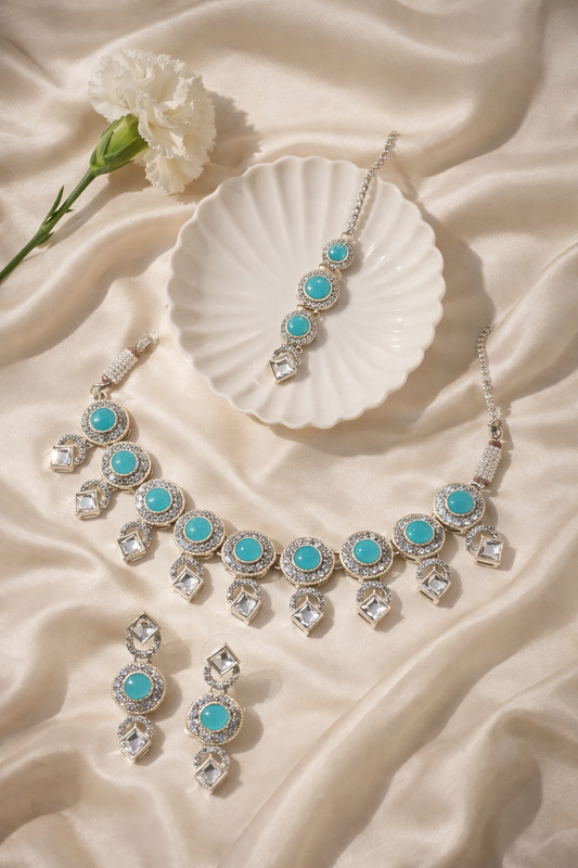 Elegant Turquoise Stone & Silver-Tone Designer Necklace Set with Matching Earrings for Women – Party, Wedding & Festive Wear Jewellery