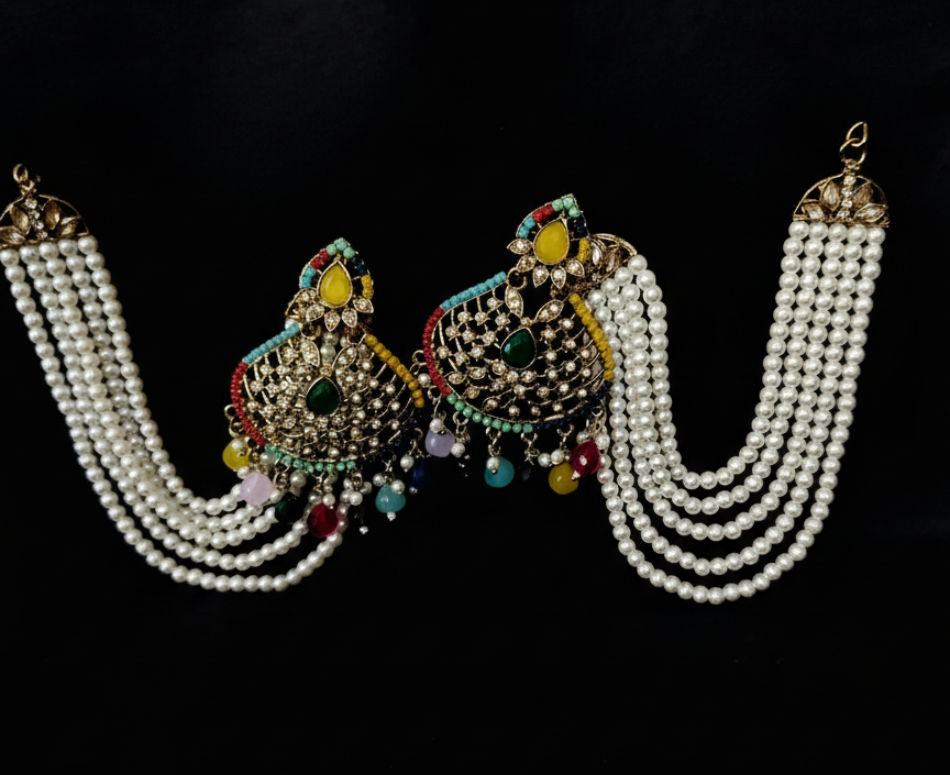 Traditional Gold Plated Jhumka Earrings with Pearl Chain & Multi-Color Stones |PEARLOS|