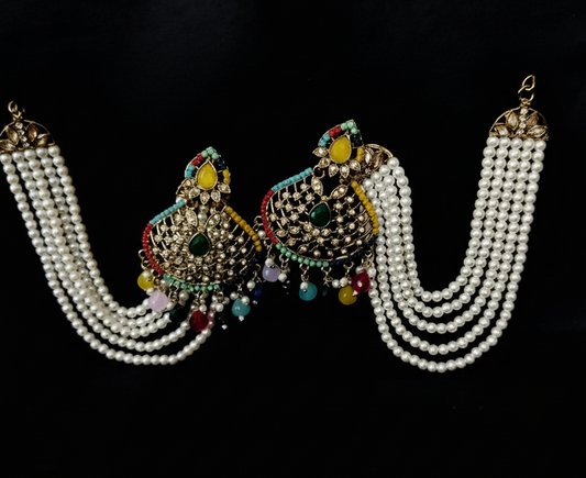 Traditional Gold Plated Jhumka Earrings with Pearl Chain & Multi-Color Stones