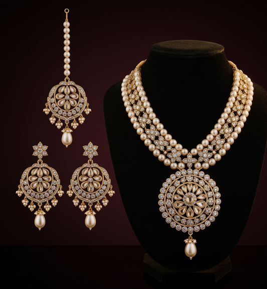Champagne Stone & Pearl Wedding Necklace Set | Maang Tikka & Earrings | Bridal Gold Look