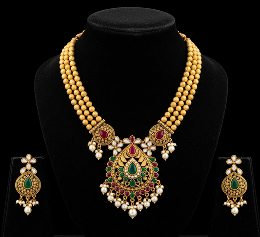 Royal Traditional Gold Plated Necklace Set with Kundan Stones & Matching Earrings