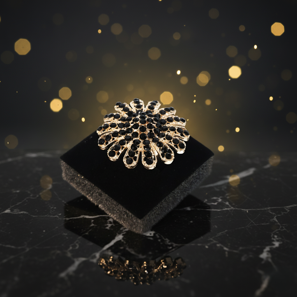 Elegant Black Crystal Flower Ring | Gold Tone Statement Jewelry | PEARLO'S |