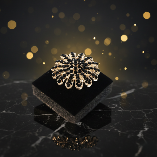 Elegant Black Crystal Flower Ring | Gold Tone Statement Jewelry | PEARLO'S