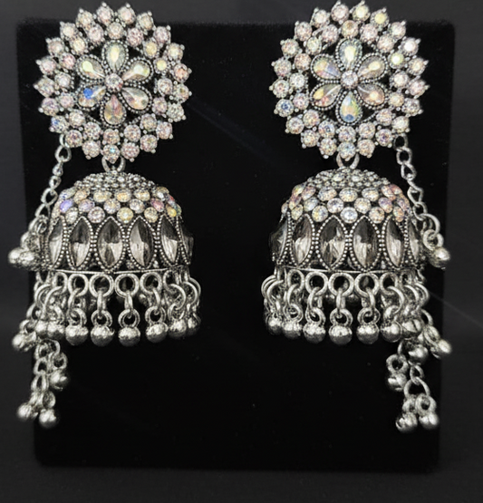 Oxidized Silver Jhumka Earrings with Ghungroo & Detachable Kan Chain (Sahara) | Traditional Ethnic Drop Jhumka