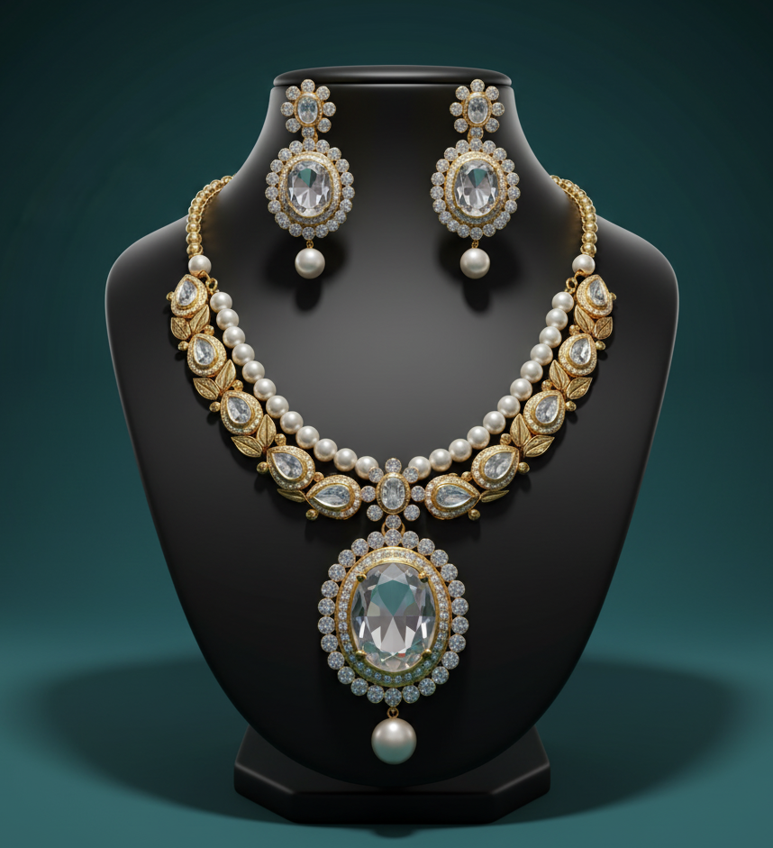 Pearlo’s Royal Kundan Pearl Necklace Set – Premium Bridal & Party Wear Jewellery