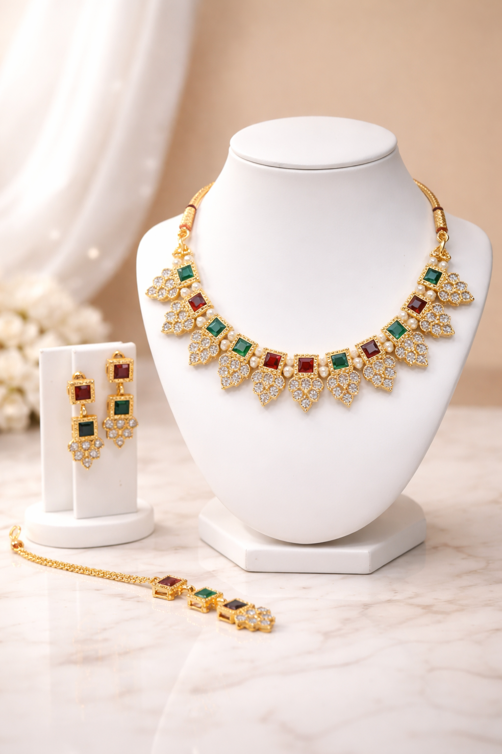 Elegant Gold-Plated Pink Stone Necklace Set with Earrings & Maang Tikka – Traditional Party Wear Jewellery Set for Women