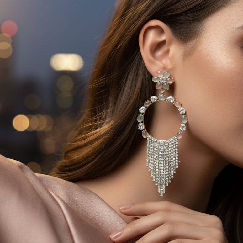 Pastel Bloom Crystal Fringe Earrings – Luxe Floral Statement Drops for Women |PEARLOS|