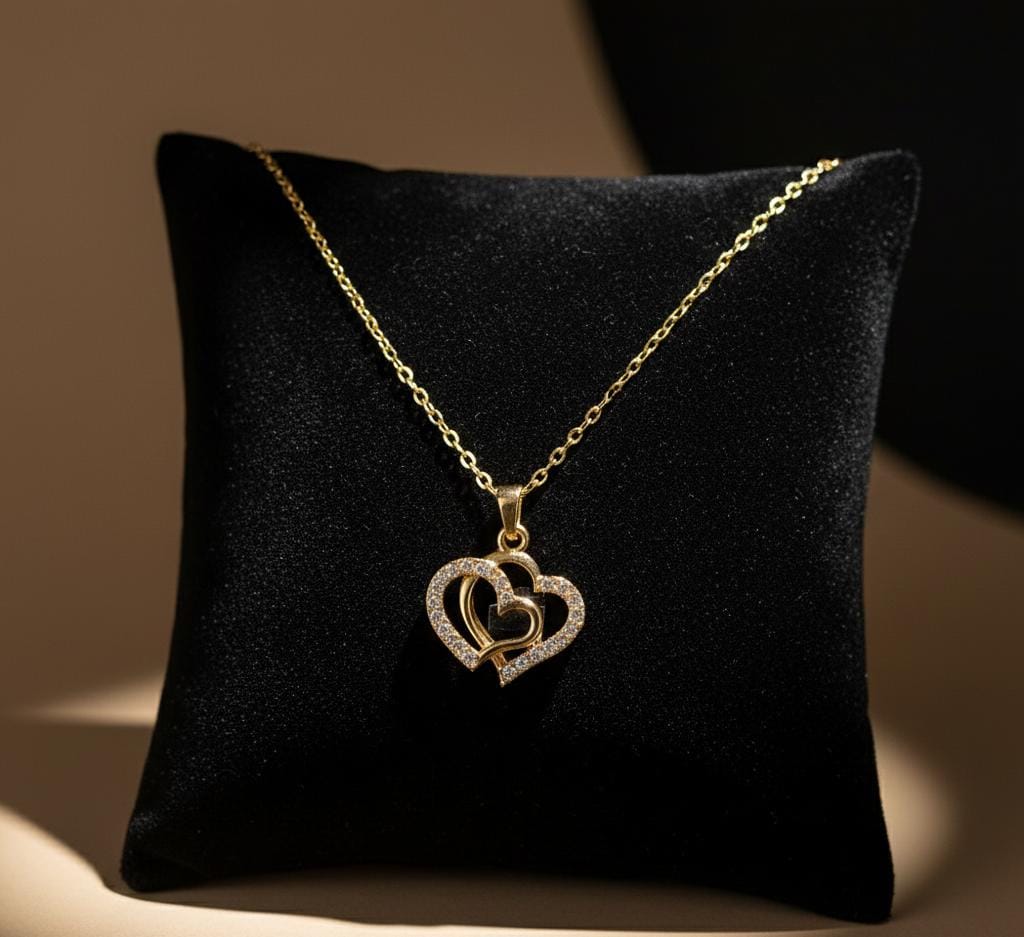 Elegant Double-Heart Gold Pendant Necklace | Sparkling Crystal Love Charm for Women |PEARLOS|