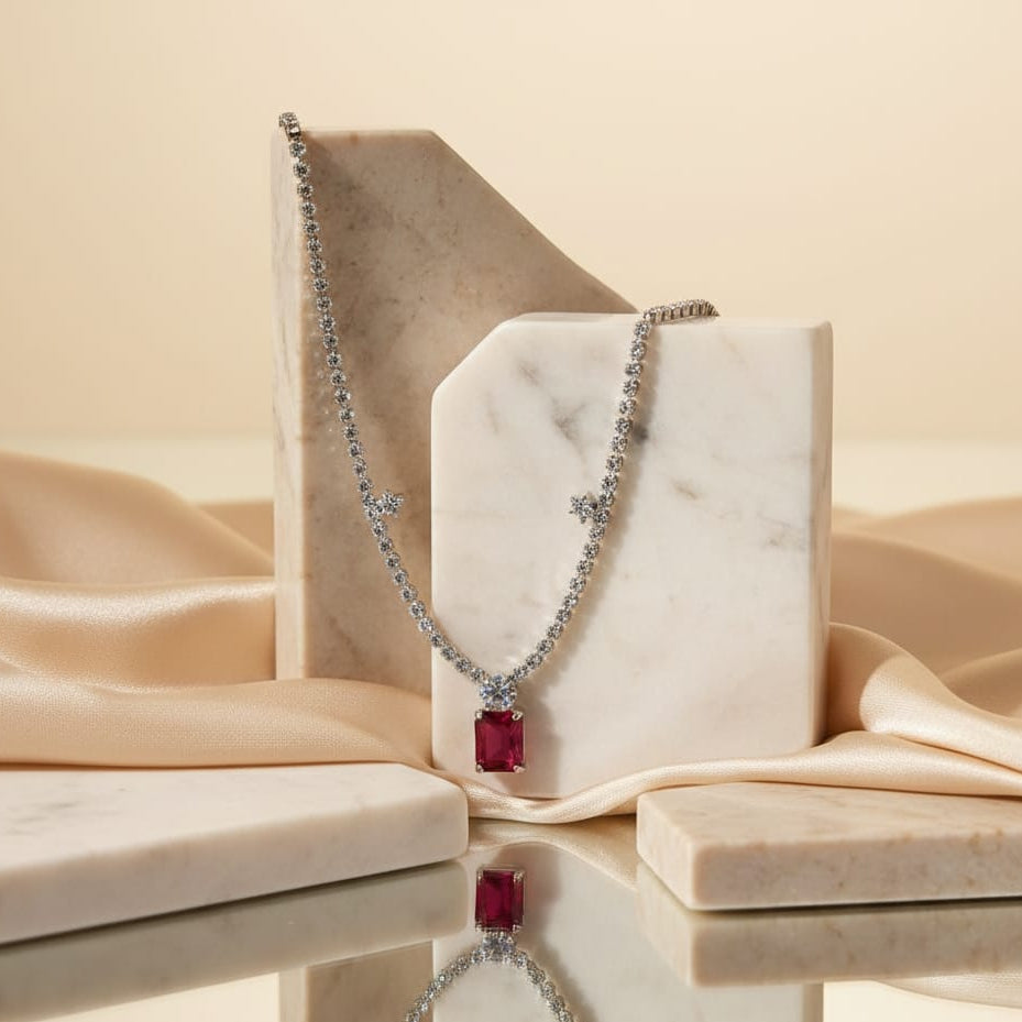 Regal Ruby Radiance – Premium Silver-Tone Crystal Necklace | PEARLOS |