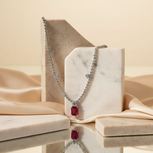 Regal Ruby Radiance – Premium Silver-Tone Crystal Necklace