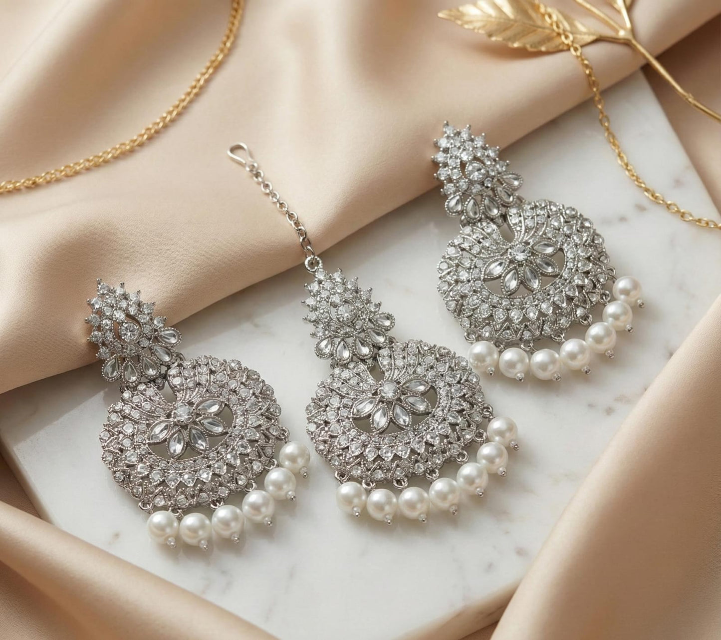 Elegant Silver-Tone Chandbali Earrings with Pearl Drops – Premium Bridal & Party Wear Jewellery by PEARLO'S