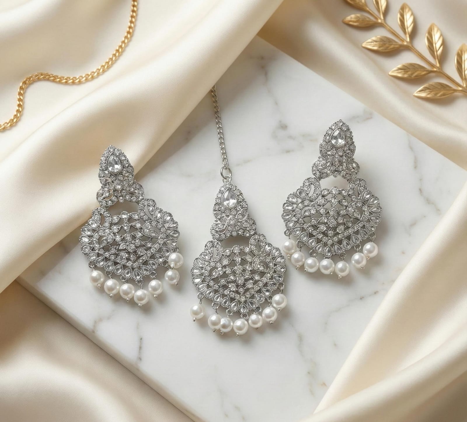 Elegant Silver-Tone Chandbali Earrings with Pearl Drops – Premium Bridal & Party Wear Jewellery by |PEARLO'S|