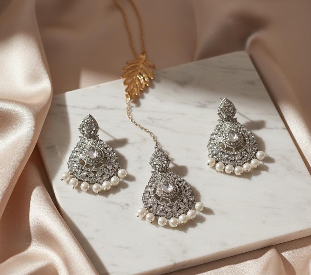 Elegant Silver-Tone Chandbali Earrings with Pearl Drops – Premium Bridal & Party Wear Jewellery by PEARLO'S