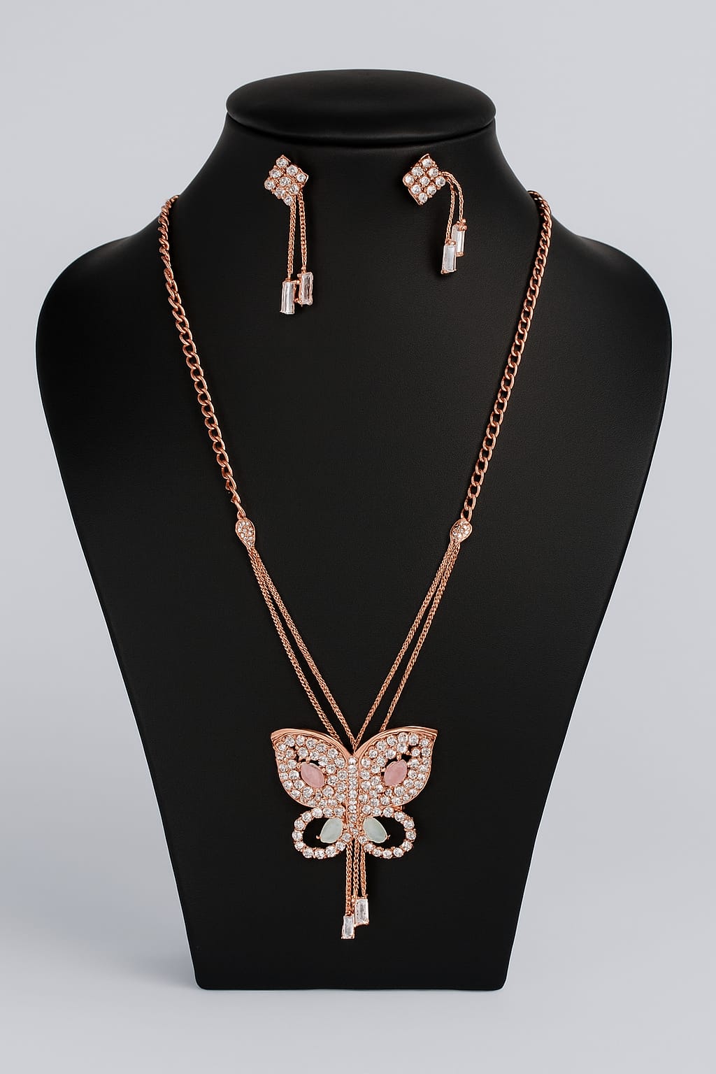 Elegant Rose Gold Butterfly Pendant Necklace & Earrings Set | Sparkling Crystal Fashion Jewellery For Women