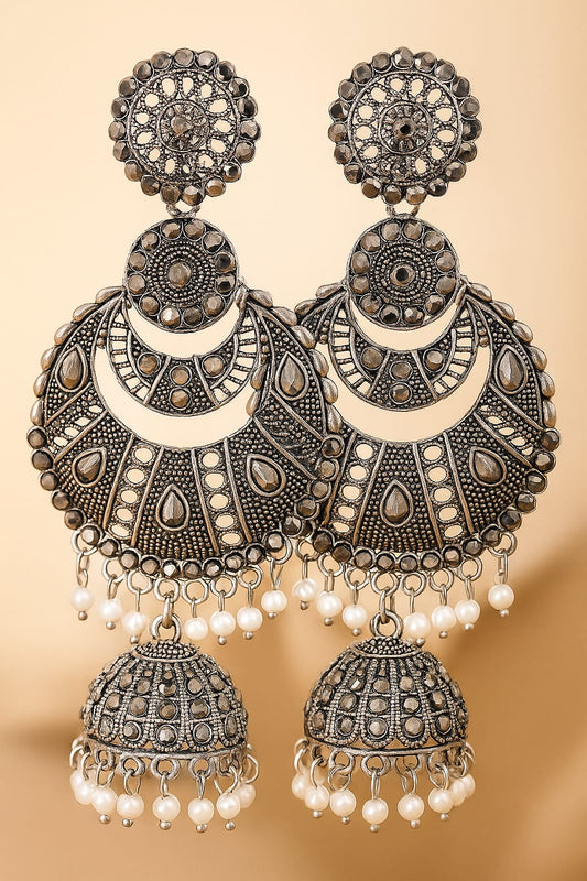 Antique Silver Oxidized Jhumka Earrings for Women | Traditional Ethnic Dangler Earrings with Pearl Drops