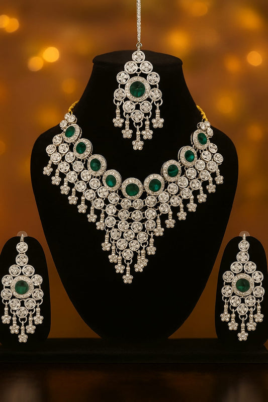 Royal Emerald & Diamond Look Bridal Necklace Set | Premium Wedding Jewellery by PEARLO’S