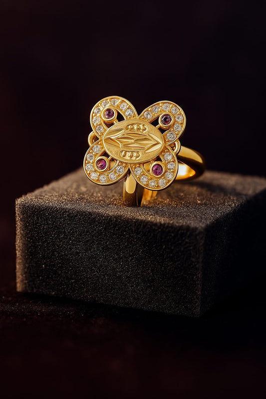 Unique Clover Design Gold Ring with Diamonds and Rubies | Anniversary Gift for Her