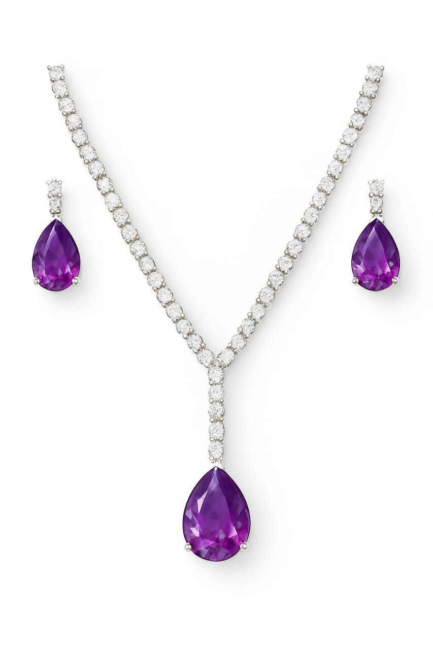Elegant Purple Teardrop Necklace Set – Premium Crystal & Stone Jewellery by PEARLOS